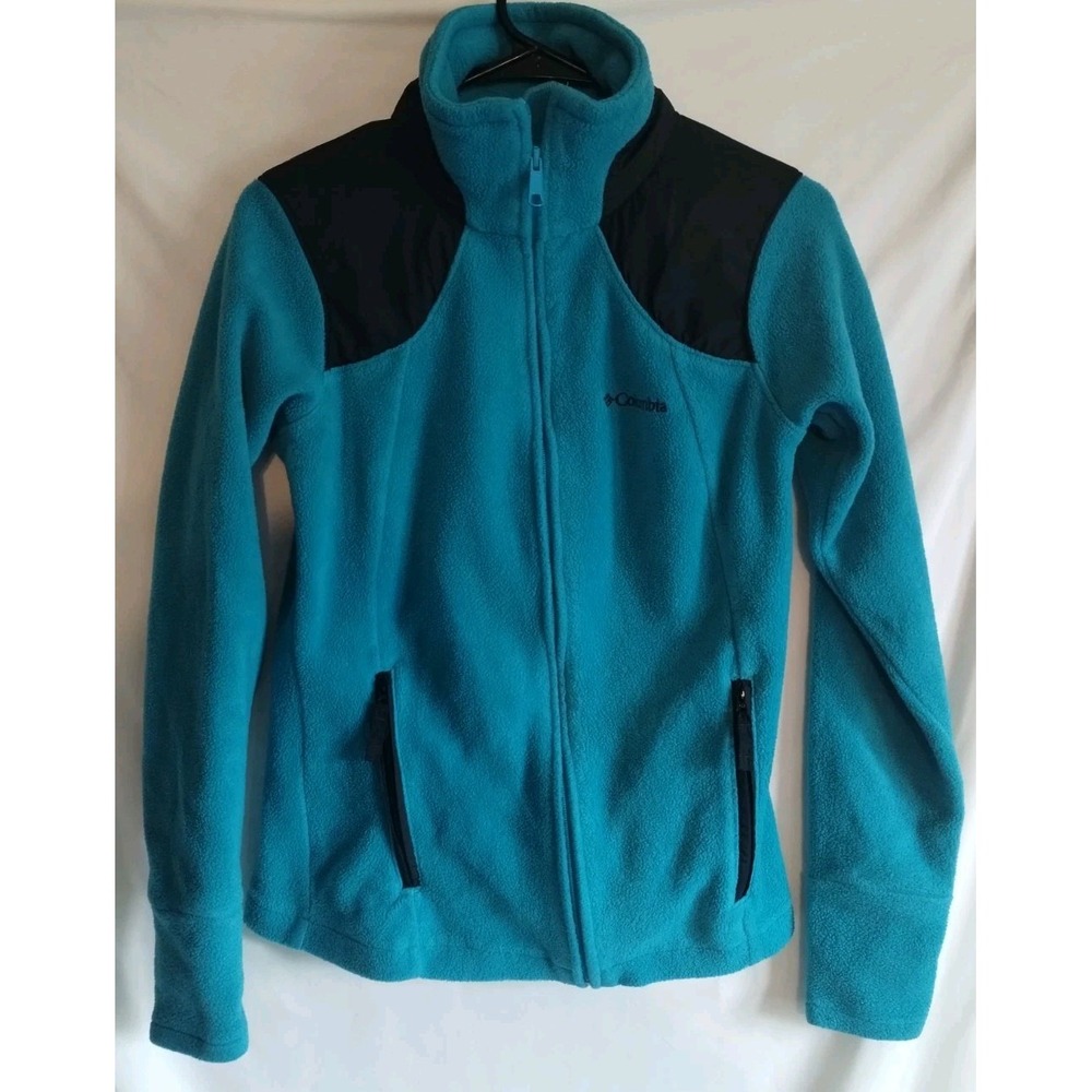 Columbia Womens Fleece Jacket Size Medium Teal Blue Black Zip Up Winter